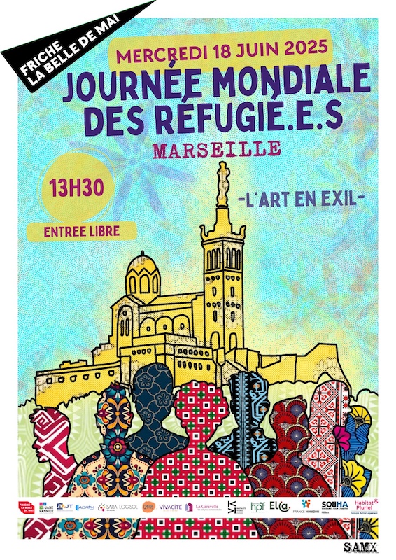 Affiche de la Journée Mondiale des Réfugiés 2025 avec un dessin de Notre Dame et des personnes stylisés.